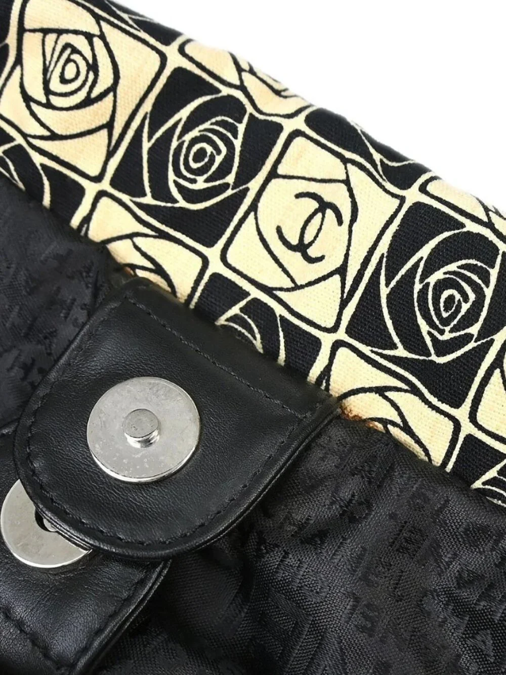 Chanel Black Beige Canvas Coco Ball Camellia Tote Handbag 197275